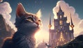 A majestic cat stands on a castle, overlooking a beautiful dreamland in this enchanting illustration