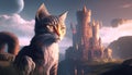 A majestic cat stands on a castle, overlooking a beautiful dreamland in this enchanting illustration