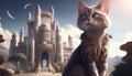 A majestic cat stands on a castle, overlooking a beautiful dreamland in this enchanting illustration