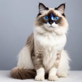 Majestic cat with striking blue eyes sitting warily indoors