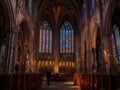 Stunning Cathedral With Stained Glass Windows and Pews. Generative AI.