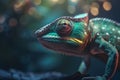 Majestic Chameleon on a Blue Blurred Background