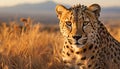 Majestic cheetah in African wilderness, looking at camera with alertness generated by AI