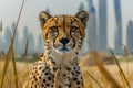 Majestic Cheetah with Alert Gaze Sitting in Grass with Modern City Skyline in Background, Wildlife Meets Urban