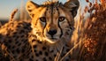 Majestic cheetah, beauty in nature, staring at sunset, wild generated by AI