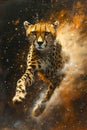 Majestic Cheetah in Dynamic Motion Through Cosmic Dust on a Dark Background with Orange Sparks