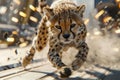 Majestic Cheetah in Dynamic Sprint on Urban Street with Dust Trail