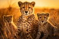 Majestic cheetah family roaming african savannah at vibrant sunset Royalty Free Stock Photo