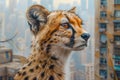 Majestic Cheetah Imposing Portrait with Urban Skyscrapers Backdrop, Vibrant Wildlife City Contrast