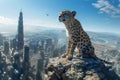 Majestic Cheetah Overlooking Modern Cityscape from Rocky Perch with Skyscrapers and Clear Sky
