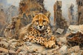 Majestic Cheetah Resting Amidst Ruins, Vivid Wildlife Scene, Powerful Predator in Repose, Wild Animal in Natural Habitat Royalty Free Stock Photo