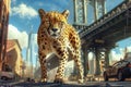 Majestic Cheetah Roaming Urban Landscape with Iconic Bridge and Modern City Skyline in Background