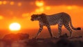 Majestic Cheetah at Sunset: Graceful cheetah walks across rocky terrain against stunning sunset backdrop. Warm hues of sky
