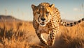 Majestic cheetah walking in African savannah, beauty in nature generated by AI