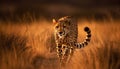 Majestic cheetah walking in African savannah sunset generated by AI