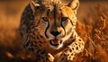 Majestic cheetah, wild beauty, staring into sunset, tranquil and fierce generated by AI Royalty Free Stock Photo