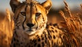 Majestic cheetah, wild beauty, tranquil savannah, danger in nature generated by AI