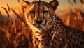 Majestic cheetah in the wild, gazing at sunset tranquil beauty generated by AI