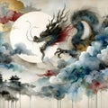 A majestic Chinese dragon hovering among the clouds and mist.