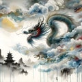 A majestic Chinese dragon hovering among the clouds and mist.