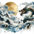 A majestic Chinese dragon hovering among the clouds and mist.