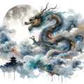 A majestic Chinese dragon hovering among the clouds and mist.