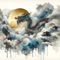 A majestic Chinese dragon hovering among the clouds and mist.