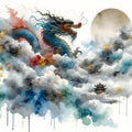 A majestic Chinese dragon hovering among the clouds and mist.