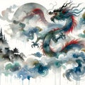 A majestic Chinese dragon hovering among the clouds and mist.