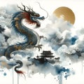 A majestic Chinese dragon hovering among the clouds and mist.