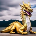 Majestic Chinese Golden Dragon: 3D Renders on the Beach