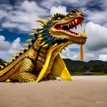 Majestic Chinese Golden Dragon: 3D Renders on the Beach