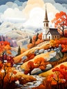 French Autumn - A Church On A Hill With Trees And Hills In The Background Royalty Free Stock Photo