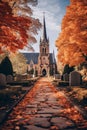 Majestic church with a tall spire standing tall against a bright blue sky, AI-generated. Royalty Free Stock Photo