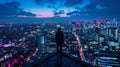 Solo adventurer standing above a vibrant cityscape at dusk. Majestic urban skyline. Breathtaking view from above Royalty Free Stock Photo