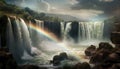 Majestic cliff, rainbow spray, flowing water nature beauty awe inspiring generated by AI Royalty Free Stock Photo