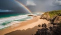 Majestic cliff, rainbow, surf, and sand generated by AI Royalty Free Stock Photo