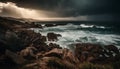 Majestic cliff stands against dramatic sky over rough seascape generated by AI