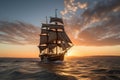 majestic clipper ship sailing on calm sea, with billowing sails and sun setting in the background Royalty Free Stock Photo