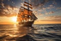 majestic clipper ship sailing on calm sea, with billowing sails and sun setting in the background Royalty Free Stock Photo
