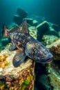 Majestic Coelacanth Fish Swimming Past Sunken Objects in a Mysterious Underwater Environment