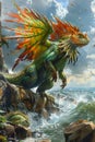 Majestic Colorful Dragon Perched on Rocky Coastal Cliff with Dynamic Ocean Waves and Cloudy Sky