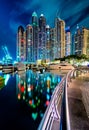 Majestic colorful dubai marina skyline during night. Dubai marina, United Arab Emirates. Royalty Free Stock Photo