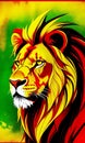 Majestic, and colorful lion of Jamaica, semi profile view ,illustrates pride & strength