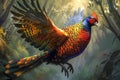 Majestic Colorful Pheasant in Flight Amidst Enchanted Forest Scenery, Vibrant Wildlife Illustration