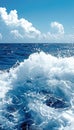 Majestic colossal ocean wave rising dramatically against a backdrop of clear blue sky