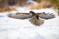 Majestic common buzzard taking off from the snow during winter hunting