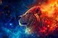 Majestic Cosmic Lion in Vibrant Space Nebula, Abstract Astrology King Animal, Fantasy Artistic Background Royalty Free Stock Photo