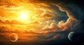 Majestic cosmic sunset with planets and dramatic clouds exploding with light Royalty Free Stock Photo