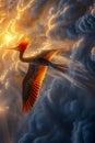Majestic Crane Flying Towards the Sun in a Dramatic Sky with Golden Sunset and Fluffy Clouds Royalty Free Stock Photo